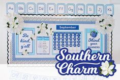 a blue and white bulletin board with flowers on it that says southern charm in the center