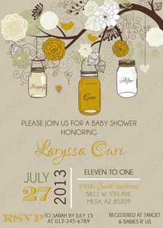 a bridal shower party with mason jars and flowers on the branches, in yellow