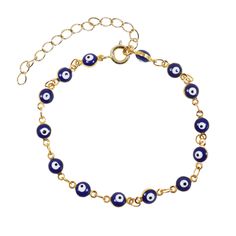 Our Best Seller Bracelet is now available in Blue Eyes! Cute and tiny Dark Blue Mini Evil Eye Bracelet or Bracelet. The meaning of blue bead color: Is the color of evil eye protection. The traditional color for good karma, positive energies, and protection against the evil eye. DETAILS: - Dark blue enamel evil eye, gold plated over brass chain - Length: Available in 6 7, 8, and 9 inches, plus 1.5 inches of extender chain. - Beads size 4.6 mm approx.  - Gold Plated Lobster Clasp NOTE: The last picture is to show the Anklet on a model, but the color you will receive is blue. To see the multicolor anklet please go to this link:  https://www.etsy.com/listing/492092830/evil-eye-bracelet-multi-color-evil-eye?ref=shop_home_feat_1&frs=1 ------------------------ GIFT MESSAGE If you want to include Blue Metal Bracelets For Beach, Blue Adjustable Chain Bracelet, Blue Dainty Anklets For Gift, Blue Metal Bracelet With Lobster Clasp, Adjustable Blue Metal Chain Bracelet, Adjustable Nickel-free Blue Chain Bracelet, Dainty Blue Bracelet With Adjustable Chain, Adjustable Blue Nickel-free Chain Bracelet, Blue Metal Bracelets With Evil Eye