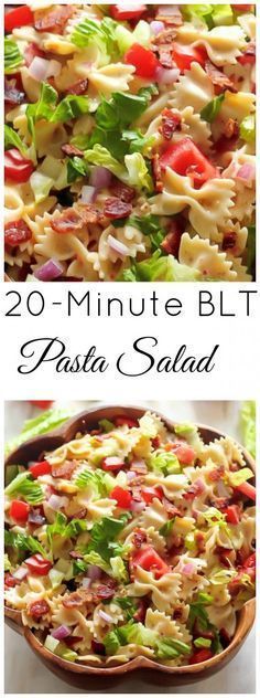 two pictures of pasta salad with the title 20 minute blt pasta salad