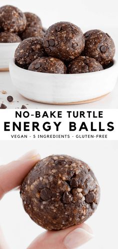 no - bake turtle energy balls in a white bowl