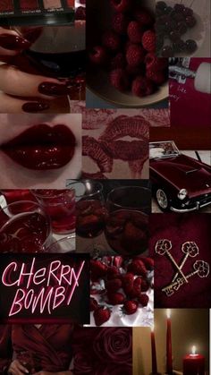 a collage of photos with red lipstick, roses and candles in them that say cherry bomb