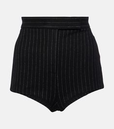 Pinstripe high-rise shorts in black - Alex Perry | Mytheresa Chic Shorts With Vertical Stripes, Chic Vertical Striped Shorts, Chic Striped High-waisted Shorts, Chic High Waist Striped Shorts, Fitted Vertical Stripes Shorts, Modern Black High-waisted Shorts, Tie Neck Shirt, Alex Perry, Bottega Veneta Bags