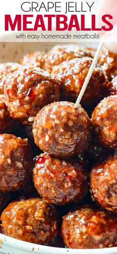 a close up of meatballs in a bowl with the title text overlay reads grape jelly meatballs with easy homemade meatballs