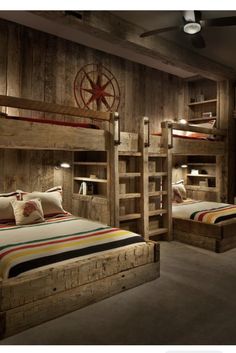 a bedroom with bunk beds and wooden walls