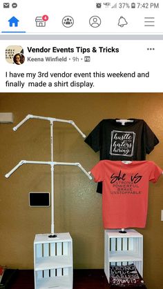 two t - shirts on display in front of a wall with an ad for vendor events tips and tricks