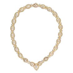 Elegance encapsulated in gold and diamonds, this estate Van Cleef & Arpels 42.00cttw diamond necklace is a breathtaking testament to the craftsmanship and timeless beauty that define the renowned house. Crafted in 18k yellow gold, this exquisite piece is a manifestation of Van Cleef & Arpels' commitment to creating pieces that are not just accessories but wearable art. The necklace, affectionately known as "Ganse," is a masterpiece of design. The round diamonds, meticulously set, create a mesmer Van Cleef Arpels Diamond, Vintage Diamond Jewelry, Van Cleef & Arpels, Vintage Choker Necklace, Geek Jewelry, Pearl And Diamond Necklace, Van Cleef And Arpels, Gold Choker Necklace, Expensive Jewelry