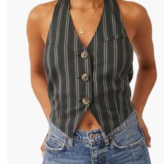 Classic Stripes Bring A Polished Air To A Cropped Halter Vest Fashioned With Sultry Lace-Up Back Ties. Halter Neck 64% Polyester, 35% Viscose, 1% Elastane Machine Wash, Line Dry Bohemian Vests, Halter Vest, Jeans Outfit Women, Striped Vests, Free People Jacket, Free People Denim, Vest Fashion, Vest Outfits, Free People Sweater