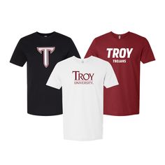 "Troy University Short Sleeve T-Shirt Cotton or TriBlend Tshirt printed with your choice of Troy University Logos on the front.   Choose from White, Athletic Grey, Cardinal or Black. White, Black, Cardinal 4.2 oz.(US) 7 oz.(CA), 100% airlume combed and ringspun cotton, 32 singles Athletic Heather and Dark Heather 90/10 airlume combed and ringspun cotton/polyester Retail fit 2\" ribbed cuffs Coverstitched collar Side seams Tear-away label Slim UNISEX Sizes XS-3XL Officially Licensed Troy University Product NO Returns or Exchanges. All of our items are embroidered once you place the order so we are unable to accept returns or exchanges.  Please message us with any questions about the product.  We are happy to help.  Our hours or operation are Monday to Friday 8am - 4pm PST.  Info@sororitylet Fan Apparel Cotton T-shirt With Sublimation Print, Basic Short Sleeve Fan Merchandise T-shirt, Basic Fan Merchandise Tops With Screen Print, Basic Screen Print Fan Merchandise Tops, Basic Screen Print Tops For Fan Merchandise, Cotton Fan Apparel T-shirt With Sublimation Print, Graphic Tee Shirt With Heat Transfer Vinyl For Fans, College Tops With Sublimation Print And Short Sleeves, Crew Neck T-shirt With Sublimation Print For College