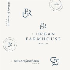 the urban farmhouse house logo is shown in three different colors and font styles, including blue