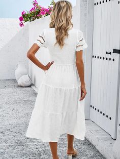 F00231659-403 White Non-stretch Casual Midi Dress, Solid Non-stretch Midi Dress For Vacation, Casual Non-stretch White Midi Dress, Solid Color Short Sleeve Midi Dress For Beach, Casual Flowy Solid Color Midi Dress, Short Sleeve Solid Color Midi Dress For Beach, Casual Flowy Midi Dress In Solid Color, Solid Color Mid-length Dresses For Vacation, Casual Mid-length Beach Dress