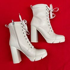 Nwt Nine West Off White Leather Combat Lace Up Ankle Boots. Size 7. Heeled , Zipper, Comfy! Trendy Lace-up Boots With Padded Ankle For Spring, Cream Ankle-high Lace-up Boots For Fall, Cream Lace-up Ankle-high Boots For Fall, Trendy Beige High Ankle Lace-up Boots, Beige Lace-up Platform Boots For Spring, Trendy Cream Lace-up Boots, Spring Beige Lace-up Platform Boots, Beige Platform Lace-up Boots, Spring Faux Leather Lace-up Ankle Boots