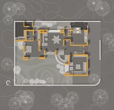 an aerial view of the floor plan of a house with multiple rooms and two bathrooms