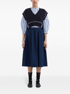 navy blue cotton pleat detailing high-waisted elasticated waistband A-line mid-length straight hem Cotton Midi Skirt, Yoko London, Wardrobe Edit, Iconic Bags, Boots Fall, Exclusive Fashion, Lady Dior, Coat Dress, Jacket Tops