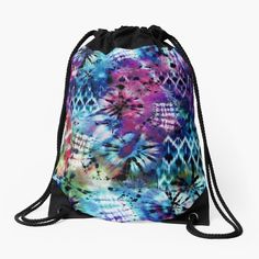 "Violet and Aqua Summer Tie Dye Batik Wax Tie Die Print" Drawstring Bag by paperandfrill | Redbubble Aesthetic Galaxy, Summer Tie Dye, Printed Drawstring