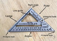 a wooden table topped with a metal ruler