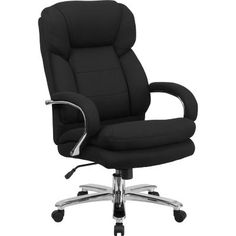 a black office chair with chrome base and armrests on an isolated white background