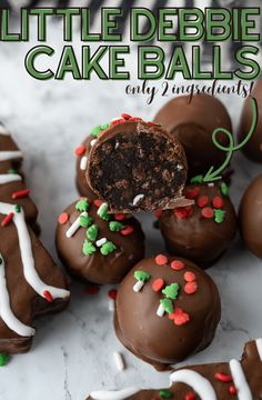 chocolate cake balls with white and green sprinkles are on a marble surface