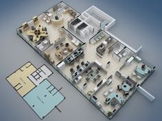 an office floor plan with desks, chairs and other items in it on a blue background