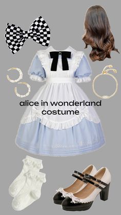 the alice in wonderland costume is shown with shoes, hair clips and other accessories to make it