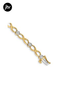 14k yellow gold and 14k white gold with rhodium over 14k yellow gold 0.126 cttw diamond infinity bracelet. Measures approximately 3/16 of an inch in width and has a box catch closure. Infinity Jewelry With Diamond Accents For Formal Occasions, Infinity Jewelry With Pave Setting For Formal, Infinity-shaped Jewelry With Pave Setting For Formal, Infinity Diamond Bracelet For Formal Occasions, Formal Infinity Jewelry With Pave Setting, Formal Infinity Diamond Bracelet, Infinity Diamond Bracelet With Accents For Anniversary, Infinity Shaped Jewelry With Diamond Accents, 14k Gold Infinity Jewelry With Diamond Accents