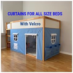 a blue tent with the words curtains for all size beds with velcro on it