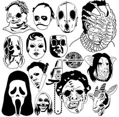 various masks with different faces and haircuts for halloween party or masqueradee