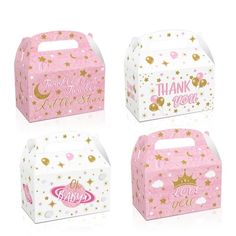 four pink boxes with gold foil stars and the words thank you, princess on them