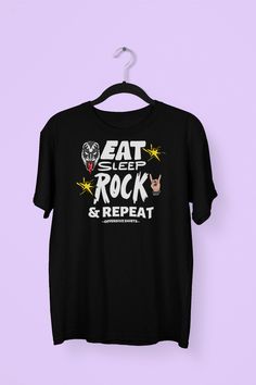 "Introducing our \"Eat Sleep Rock Repeat\" Shirt - a must-have for all rock stars and music enthusiasts! This unique and stylish t-shirt captures the essence of a true rock 'n' roll spirit. Made from high-quality materials and designed with attention to detail, it offers ultimate comfort and durability for long-lasting wear. The catchy slogan \"Eat Sleep Rock Repeat\" boldly emblazoned across the front serves as a mantra for those passionate about music, reminding you to live your rock star drea Heavy Metal Shirts, Punk Rock Shirts, Rockstar Party, Heavy Metal Shirt, Rock Star Party, Metal Shirts, Rock N’roll, Heavy Metal Music, Star Party