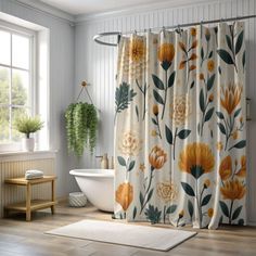 a white bath tub sitting next to a shower curtain in a bathroom under a window