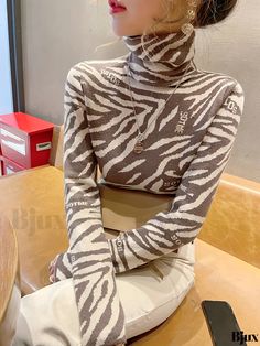 Bjux - Womens Casual Long Sleeve Slim Turtle Neck Pullover Sweater with Zebra Print Pattern - Fashionable and Chic Winter Care, Slim Sweater, Elegant Fabric, Zebra Pattern, Womens Casual, Sweater Women, Style Elegant, Olivia Mark, Zebra Print