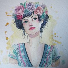 a drawing of a woman with flowers in her hair and wearing a flower crown on her head