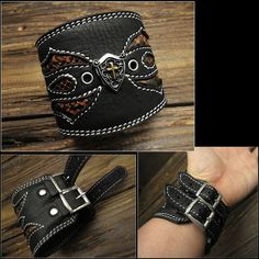 three pictures of different types of black leather bracelets with silver buckles on them