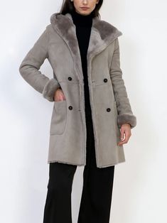 Sophistication and extraordinary warmth, our Women Suede Shearling Jacket will keep you cozy throughout your day. Free Delivery & Return-Taxes included. Sheepskin Fur Coat With Faux Fur Trim For Work, Elegant Shearling Fur Coat For Cold Weather, Sheepskin Fur Coat With Faux Fur Lining For Work, Elegant Shearling Outerwear For Cold Weather, Shearling Coat Womens, Sheepskin Coat, Gray Suede, Shearling Coat, Shawl Collar