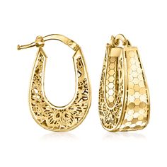 Ross-Simons - Italian 18kt Yellow Gold Filigree Hoop Earrings. 7/8". These intricately crafted earrings from Italy put a fanciful spin on the classic hoop look. Featuring honeycomb-style fronts and filigree-detailed sides of satin and polished 18kt yellow gold, the pair glimmers and glows from each and every angle. Hanging length is 7/8". Snap-bar, filigree hoop earrings. Jewelry Presentation, Filigree Hoop Earrings, Crafted Earrings, Gold Filigree Earrings, Fine Jewelery, Filigree Earrings, Gold Filigree, Timeless Jewelry, Jewelry Earrings Hoops