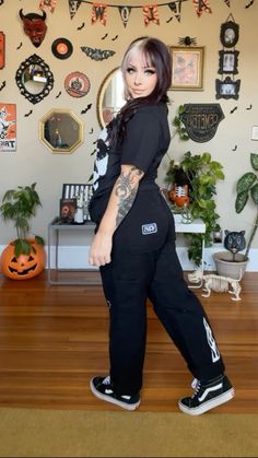 these dope pants are from an old vans collab with elijah berle, sk8 hi sneakers from vans, misfits tshirt from walmart Skater Mom Style, Alt Spring Outfits, Misfits Tshirt, Elijah Berle, Plus Size Outfits With Sneakers, Edgy Work Outfits, Vans Collection