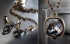 Sexy, sleek & striking. Darkly sparkling crystal in a moody, charcoal black color is nestled into modern, high-quality, substantial square gold-plated bezel. The cushion-cut crystal pendant is elegantly suspended from the unique two-toned chain of black gunmetal and gold-plate - sexy + sparkly! Cushion-cut crystal: 1/2" wide (12mm) Deluxe quality gold-plated bezel: 9/16" wide (14mm) Length: select from 16" (shown) or 18" with 2" extension, or long 26" length with 3" extension Formal Jewelry, Black Night, Swarovski Crystal Necklace, Blackest Night, Gold Box, Square Pendant, Charcoal Black, Crystal Necklace Pendant, Sparkling Crystal