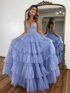 Blue V Neck Lace Tulle Long Prom Dress, Blue Long Graduation Dress Long Graduation Dress, Lilac Ball Gown, Dress Blue Long, Graduation Dresses Long, Prom Dress Blue, Tiered Prom Dress, Whatsapp Wallpaper Cute, Womens Prom Dresses