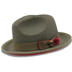 Olive Stingy Brim Red Bottom Braided Pinch Fedora Hat H-77 Red Bottom Matching Grosgrain Ribbon Pinch Crown Stingy Brim: 1 7/8" No Lining Size XL additional $5 Material: Polyester Blend Shop this spring red bottom collection. Summer Fedora, Floral Prints Fashion, Mens Dress Outfits, Mens Fedora, Spring Red