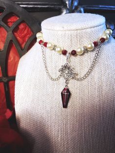 Gothic Coffin Choker Crimson Red Pearl Goth Vampire Necklace by SackeAndSugarCo on Etsy Vampire Inspired Jewelry, Gothic Red Jewelry With Lobster Clasp, Red Gothic Jewelry With Lobster Clasp, Vampire Necklace, Vampire Jewelry, Gothic Coffin, Princess Crafts, Goth Vampire, Goth Princess