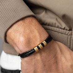 Engraving bracelet for men - Mason Gold. An exciting and amazing gift for your man! What's more exciting than a piece of jewelry engraved with the names of your treasures? A gift that combines style, quality and emotion! The black leather combined with the beads gives a sporty and stylish look 100% handmade SKU : MP099 Size : The bracelet is 7" long plus a 1" extension chain with the ability to adjust the bracelet. If a different size is required, please indicate in the notes at checkout. Color Men Beaded Bracelet Ideas, Engraving Bracelet, Leather Wristbands, Simple Bracelets, Bracelet Ideas, Mens Beaded Bracelets, Chains Necklaces, Bracelet For Men, Bracelet Beaded