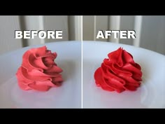 two pictures of red frosted cupcakes on a white plate, one before and after it has been eaten