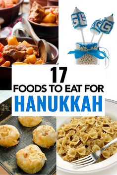 the cover of 17 foods to eat for hanukkah, with images of food and utensils