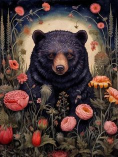 a painting of a bear surrounded by flowers