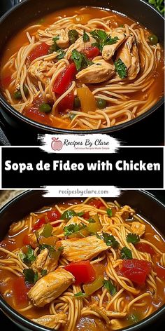 two pictures of soup with chicken and vegetables