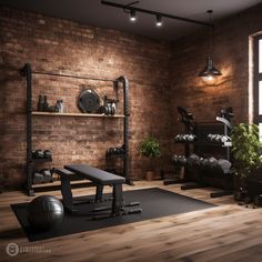 a room with a brick wall and gym equipment