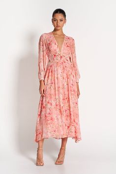 CAPRI SHEER MIDI DRESS - Pink Blossom New SOFIA The Label Australian Clothing, Sheer Midi Dress, Evening Gala, Sheer Robe, Dresses Australia, Designer Midi Dresses, Sheer Long Sleeve, Dress For Wedding, Warm Spring