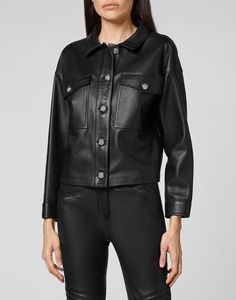 Women's Short Trucker Leather Shirt In Black Luxury Black Leather Jacket With Flap Pockets, Luxury Black Collared Leather Jacket, Luxury Black Leather Jacket With Collar, Black Leather Jacket With Flap Pockets And Collar, Black Collared Leather Jacket With Flap Pockets, Button-up Leather Jacket, Leather Passport Wallet, Leather Jumpsuit, Biker Vest