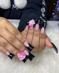 Black And Pink Duck Nails, Yellow Duck Nails, Duck Nail Ideas, French Duck Nails, Nail Ideas Y2k Long, Duck Acrylic Nails, French Tip Duck Nails, Cute Duck Nails