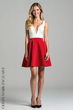 Olivia Mark - Elegant Contrast: White and Red Cocktail Dress with Deep V-neckline and Flared Skirt Red Cocktail, Red Cocktail Dress, Red Skirts, Flared Skirt, White And Red, Fitted Bodice, Olivia Mark, Flare Skirt, Deep V